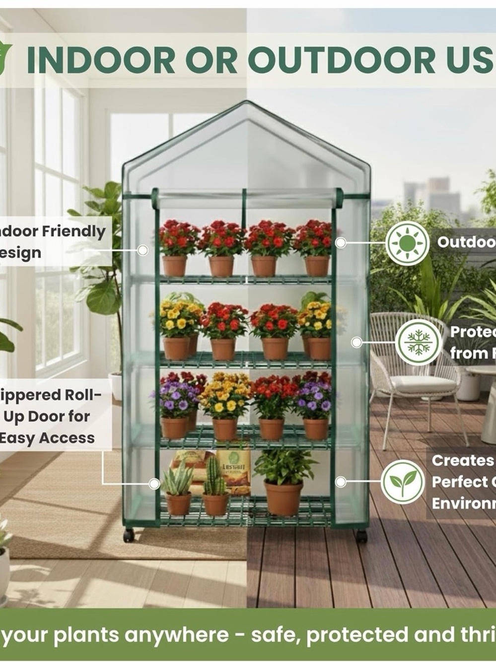 Green Portable Mini Greenhouse with Zippered Door indoor/outdoor use
